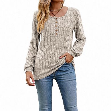 Women's Knitted Pullover Sweaters Lightweight Crew Neck Long Sleeve Henley Tunic Top