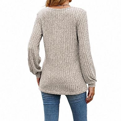 Women's Knitted Pullover Sweaters Lightweight Crew Neck Long Sleeve Henley Tunic Top