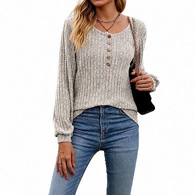 Women's Knitted Pullover Sweaters Lightweight Crew Neck Long Sleeve Henley Tunic Top