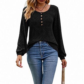 Women's Knitted Pullover Sweaters Lightweight Crew Neck Long Sleeve Henley Tunic Top