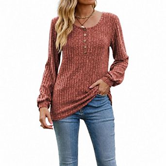 Women's Knitted Pullover Sweaters Lightweight Crew Neck Long Sleeve Henley Tunic Top