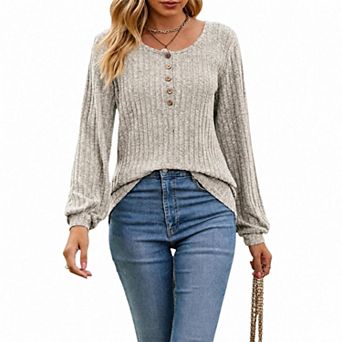 Women's Knitted Pullover Sweaters Lightweight Crew Neck Long Sleeve Henley Tunic Top