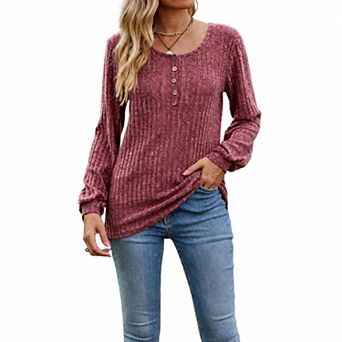 Women's Knitted Pullover Sweaters Lightweight Crew Neck Long Sleeve Henley Tunic Top