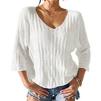Women's Casual Loose Fit 3/4 Sleeve V Neck Blouses Shirts Lightweight Spring Summer Tops