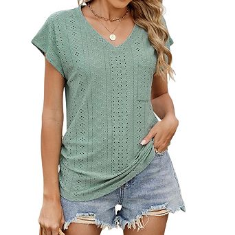 Womens Eyelet Short Sleeve V Neck T Shirts Summer Casual Beach Vacation Business Tops Outfits