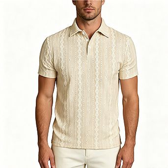 Men's Textured Knit Polo Shirt Short Sleeve Geometric Pattern Casual Button-Down Top