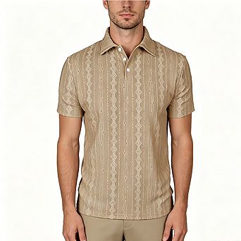Men's Textured Knit Polo Shirt Short Sleeve Geometric Pattern Casual Button-Down Top
