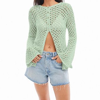 Womens Crochet Cardigan Sweaters Summer Boho Bell Long Sleeve Hollow Out Knit Cover Up Swim Tops