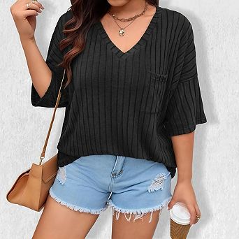 Women's Plus Size T Shirts Summer Casual V Neck Short Sleeve Lightweight Loose Fit Blouses Tops