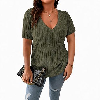 Women's Plus Size Tops Casual V Neck Short Sleeve Shirts Lightweight Loose Fit Blouses