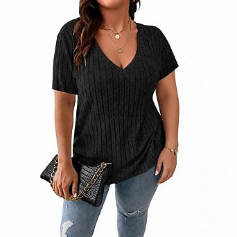 Women's Plus Size Tops Casual V Neck Short Sleeve Shirts Lightweight Loose Fit Blouses