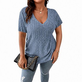 Women's Plus Size Tops Casual V Neck Short Sleeve Shirts Lightweight Loose Fit Blouses