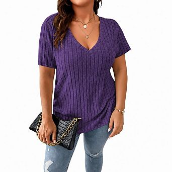 Women's Plus Size Tops Casual V Neck Short Sleeve Shirts Lightweight Loose Fit Blouses