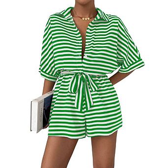 Womens Summer Casual Striped Rompers Short Sleeve Button Down Belted Elastic Waist Short Jumpsuit