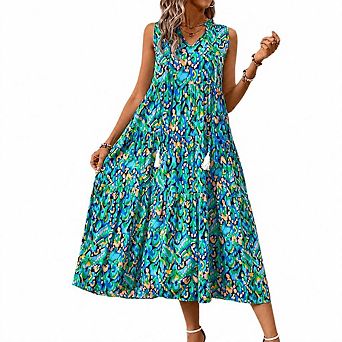 Womens V Neck Sleeveless Boho Maxi Dress Loose Fit Flowy for Summer Casual Beach