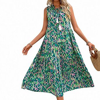 Womens V Neck Sleeveless Boho Maxi Dress Loose Fit Flowy for Summer Casual Beach