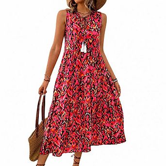 Womens V Neck Sleeveless Boho Maxi Dress Loose Fit Flowy for Summer Casual Beach