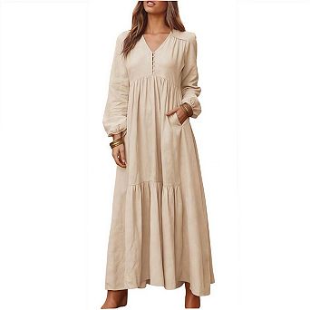 Women's V-Neck Long Sleeve Loose Fit Flowy Boho Maxi Dress with Pockets and Buttons