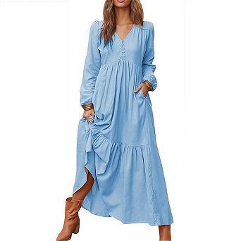 Women's V-Neck Long Sleeve Loose Fit Flowy Boho Maxi Dress with Pockets and Buttons