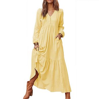 Women's V-Neck Long Sleeve Loose Fit Flowy Boho Maxi Dress with Pockets and Buttons