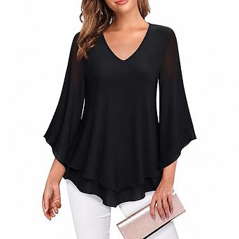 Womens Dressy Tops Casual 3/4 Bell Sleeve Blouses Double Layered Chiffon Work Tunic Shirts