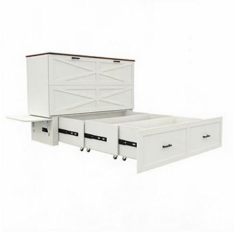 White Farmhouse Murphy Bed, Foldable Cabinet Bed with Storage Drawer and Charging Station