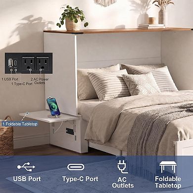White Farmhouse Murphy Bed, Foldable Cabinet Bed with Storage Drawer and Charging Station