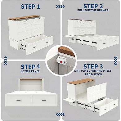 White Farmhouse Murphy Bed, Foldable Cabinet Bed with Storage Drawer and Charging Station