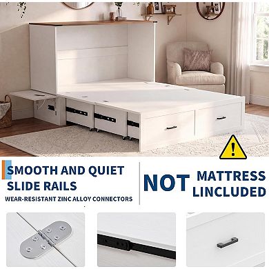 White Farmhouse Murphy Bed, Foldable Cabinet Bed with Storage Drawer and Charging Station
