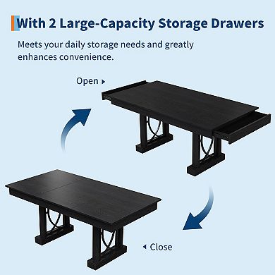 71 Inch Rectangular Farmhouse Dining Table with 2 Storage Drawers, Thick Wooden Tabletop Seats