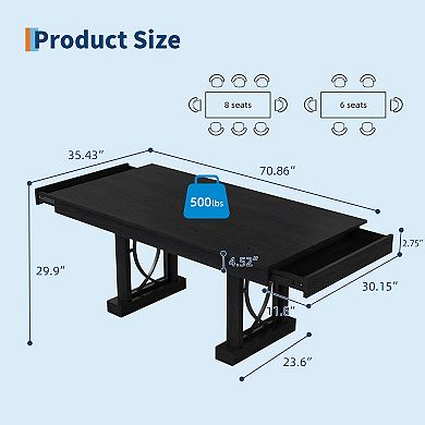 71 Inch Rectangular Farmhouse Dining Table with 2 Storage Drawers, Thick Wooden Tabletop Seats