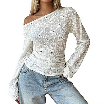 Women's Off Shoulder Long Sleeve Lace Ruched Fitted Blouse