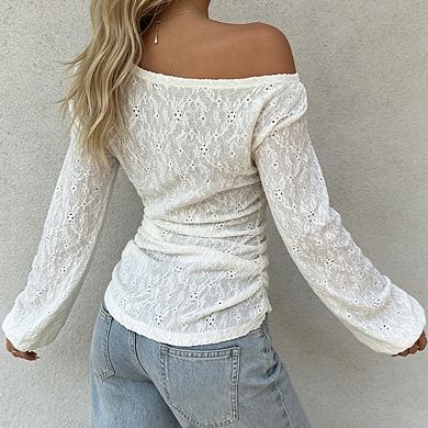 Women's Off Shoulder Long Sleeve Lace Ruched Fitted Blouse