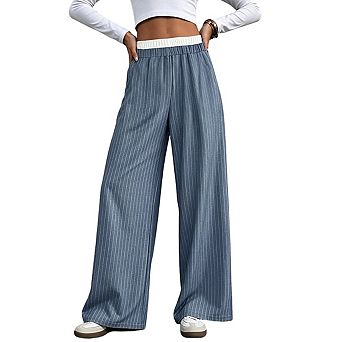 Women's Elastic Waistband Contrast Trim Pinstripe Casual Wide Leg Pants