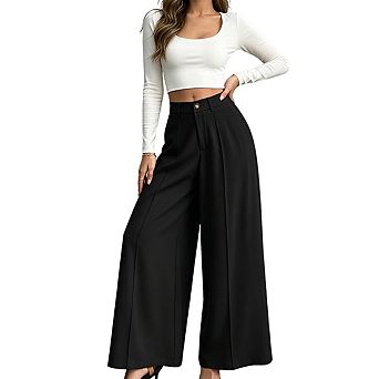 Women's High Waist Pleated Elastic Back Waistband Wide Leg Dress Pants