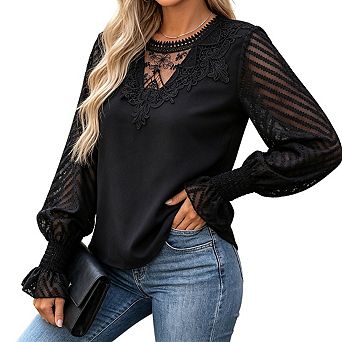 Women's Long Sleeve Lace Sheer Long Sleeve Blouse With Smocked Cuffs