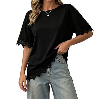 Women's Short Sleeve Off Shoulder Lace Trim Loose Fit Casual Top