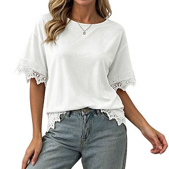 Women's Short Sleeve Off Shoulder Lace Trim Loose Fit Casual Top