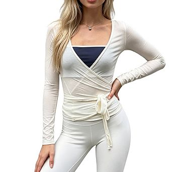 Women's Long Sleeve Wrap Front Fitted Top With Waist Tie Detail