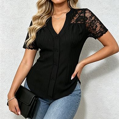Women's V Neck Short Sleeve Lace Sleeve Button Front Ribbed Blouse