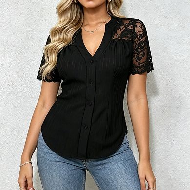 Women's V Neck Short Sleeve Lace Sleeve Button Front Ribbed Blouse