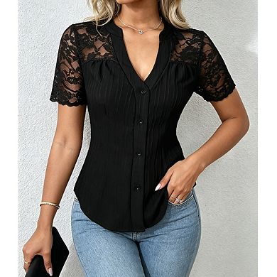 Women's V Neck Short Sleeve Lace Sleeve Button Front Ribbed Blouse