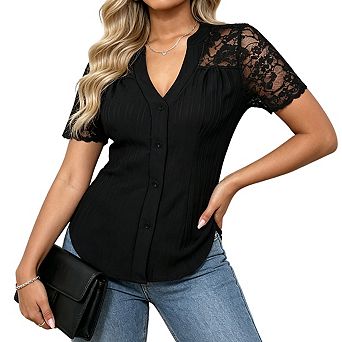 Women's V Neck Short Sleeve Lace Sleeve Button Front Ribbed Blouse