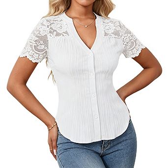 Women's V Neck Short Sleeve Lace Sleeve Button Front Ribbed Blouse