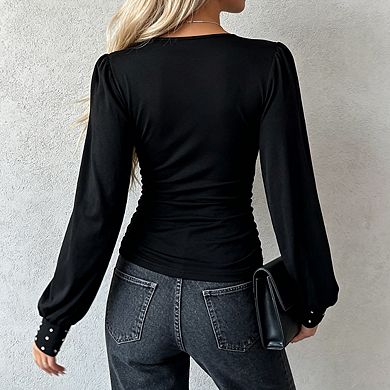 Women's Long Sleeve V Neck Embellishments Ruched Waist Fitted Top
