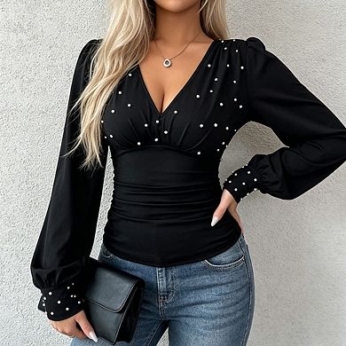 Women's Long Sleeve V Neck Embellishments Ruched Waist Fitted Top