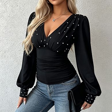 Women's Long Sleeve V Neck Embellishments Ruched Waist Fitted Top