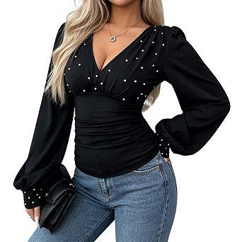Women's Long Sleeve V Neck Embellishments Ruched Waist Fitted Top