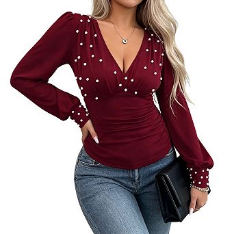 Women's Long Sleeve V Neck Embellishments Ruched Waist Fitted Top