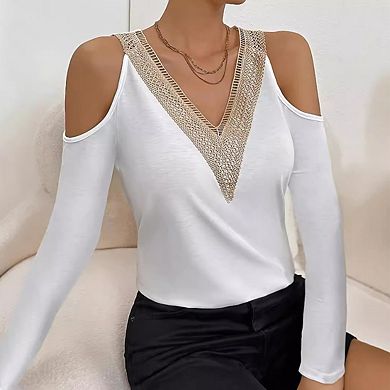 Women's Long Sleeve Cold Shoulder Lace Trim V Neckline Top